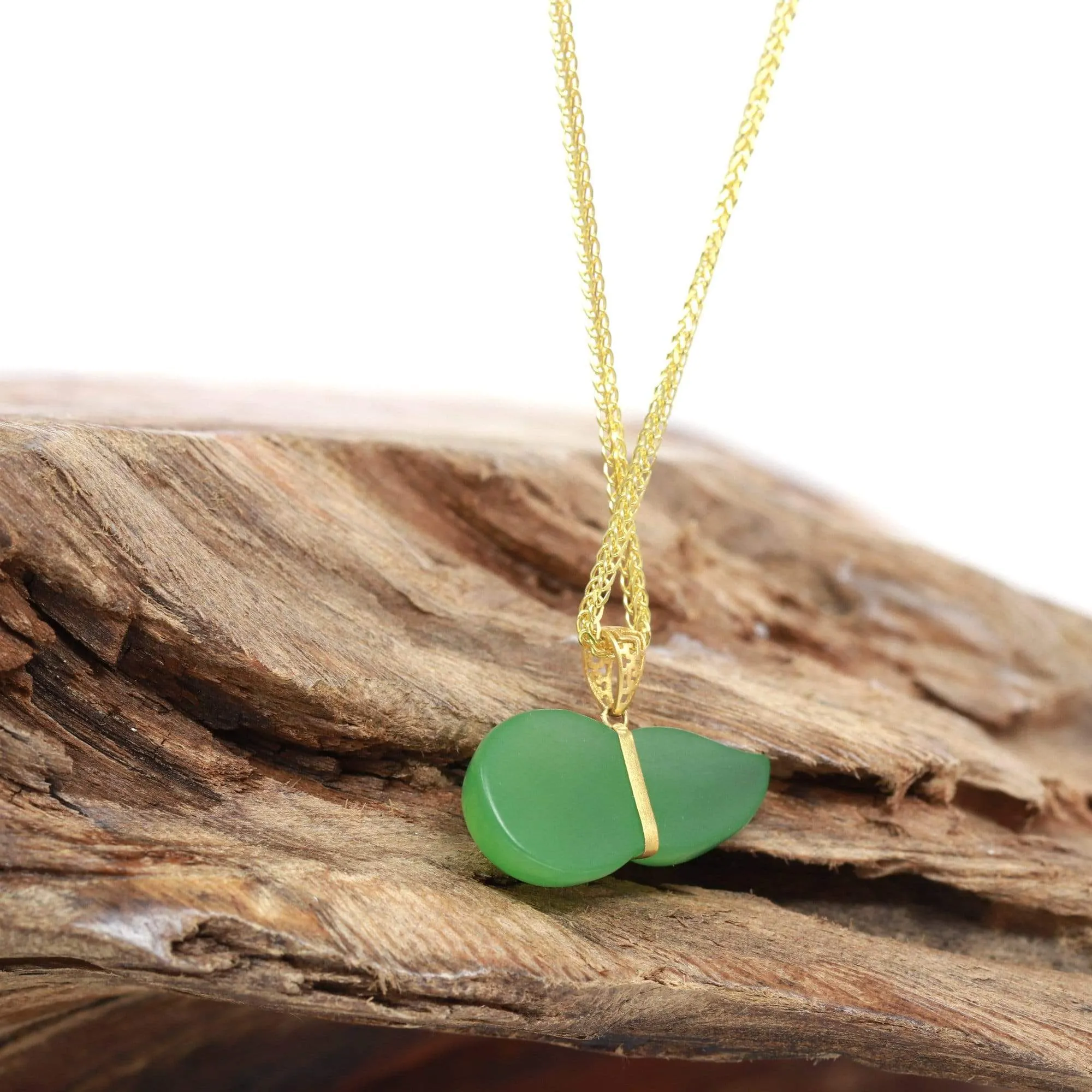 RealJade® "Lucky Gourd" HuLu18k Yellow Gold Green Nephrite Jade Pendant Necklace