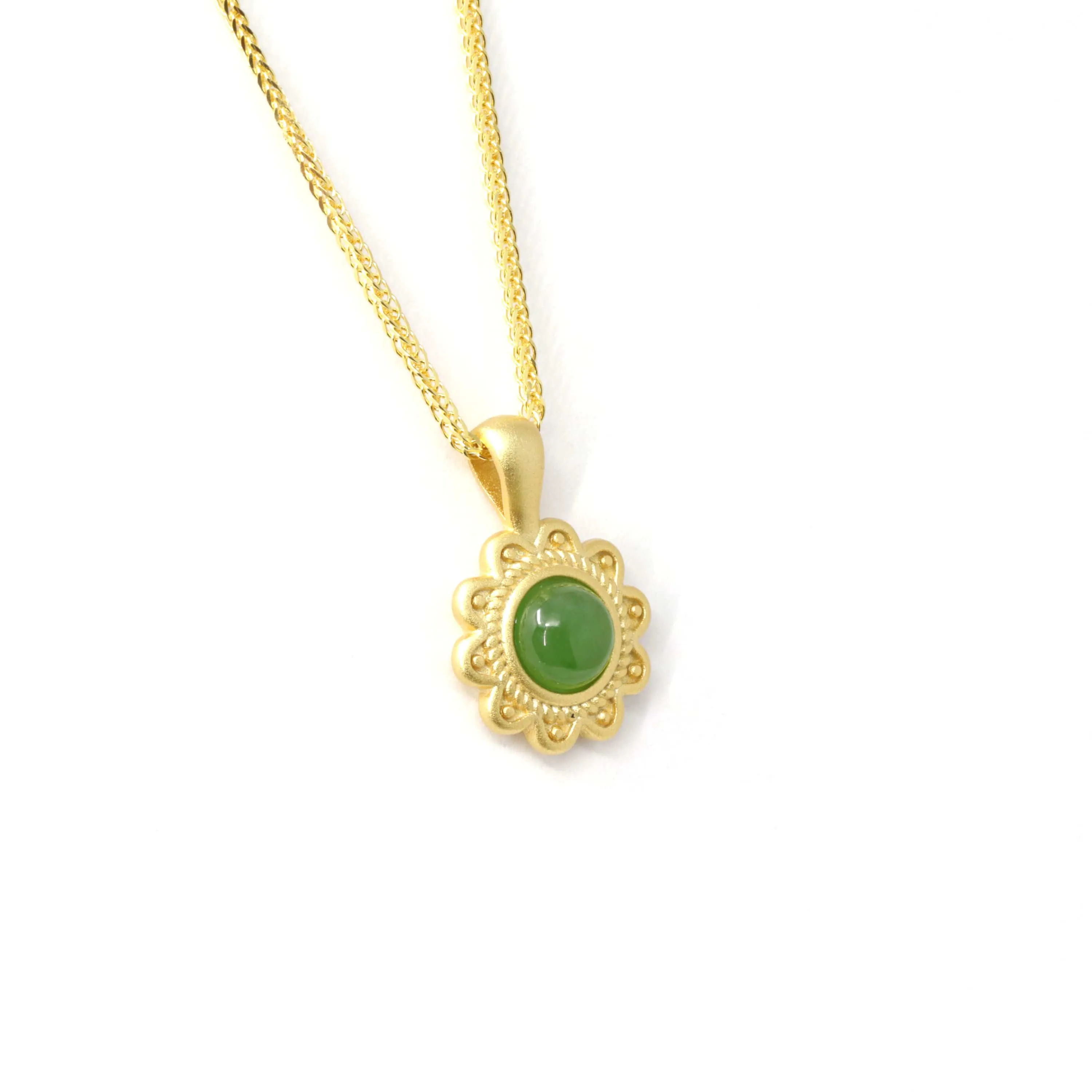 RealJade® "Sunflower" Sterling Silver Nephrite Green Jade Classic Sun Flower Pendant Necklace