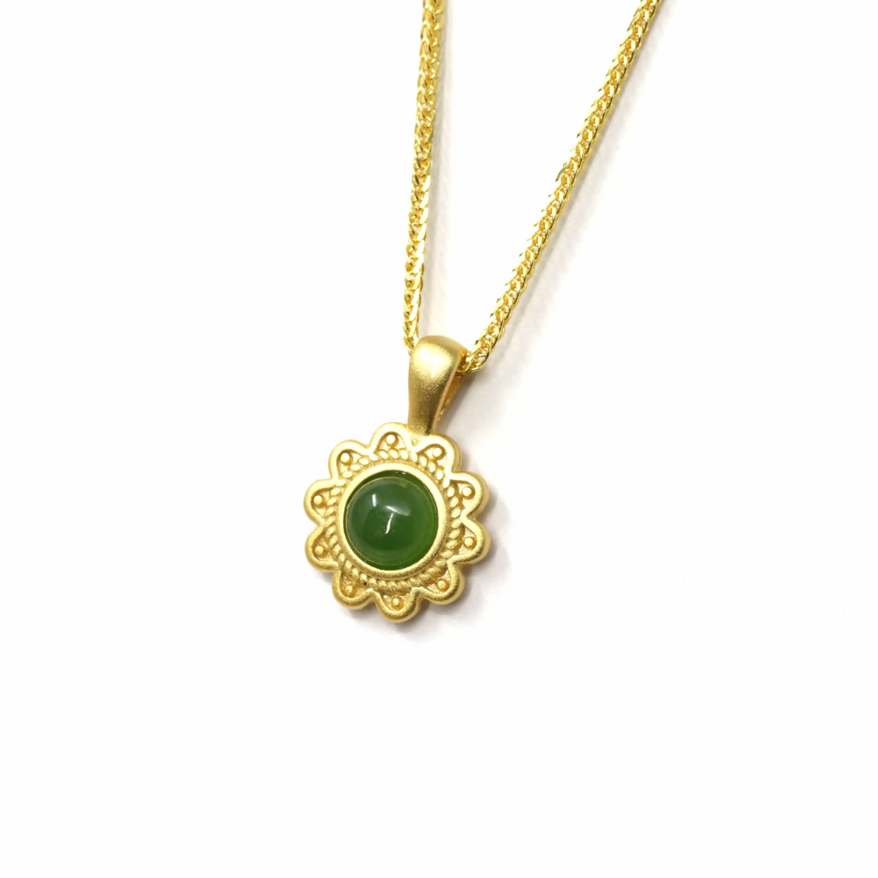 RealJade® "Sunflower" Sterling Silver Nephrite Green Jade Classic Sun Flower Pendant Necklace