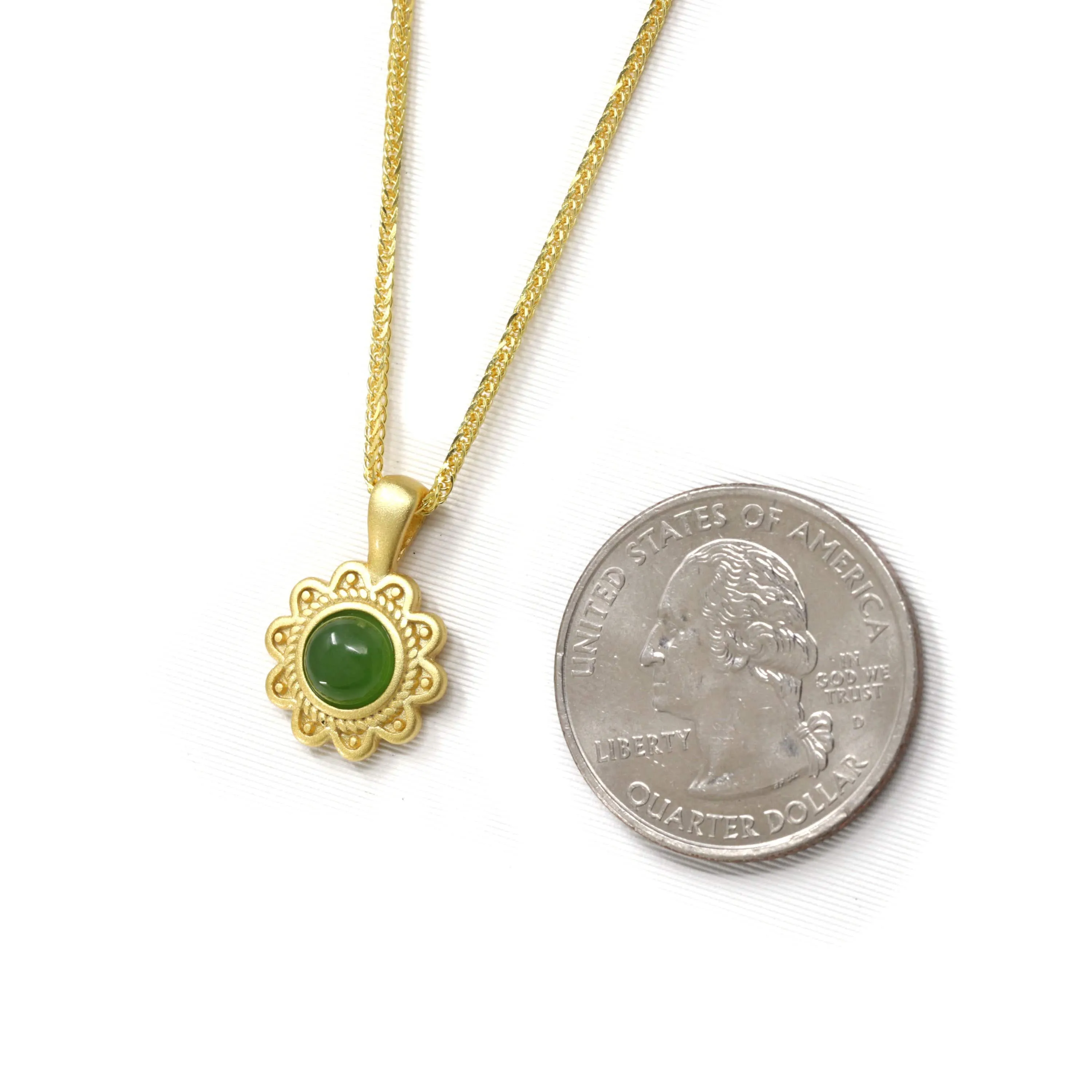 RealJade® "Sunflower" Sterling Silver Nephrite Green Jade Classic Sun Flower Pendant Necklace