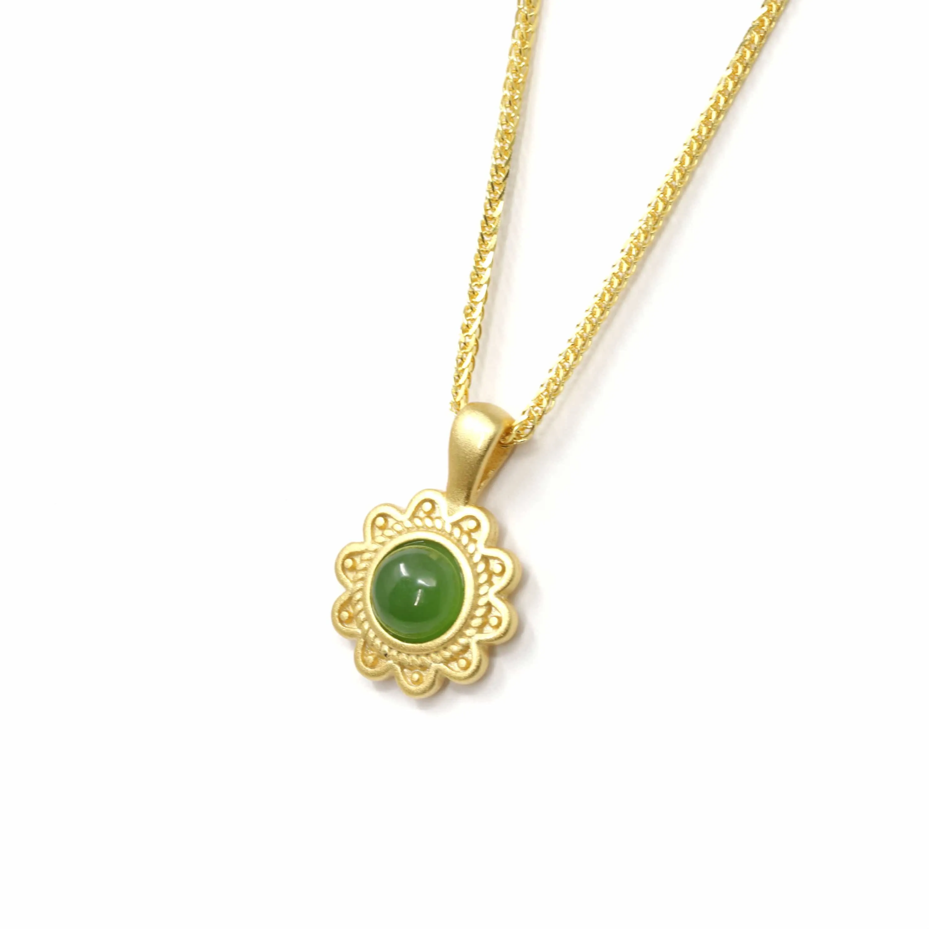 RealJade® "Sunflower" Sterling Silver Nephrite Green Jade Classic Sun Flower Pendant Necklace