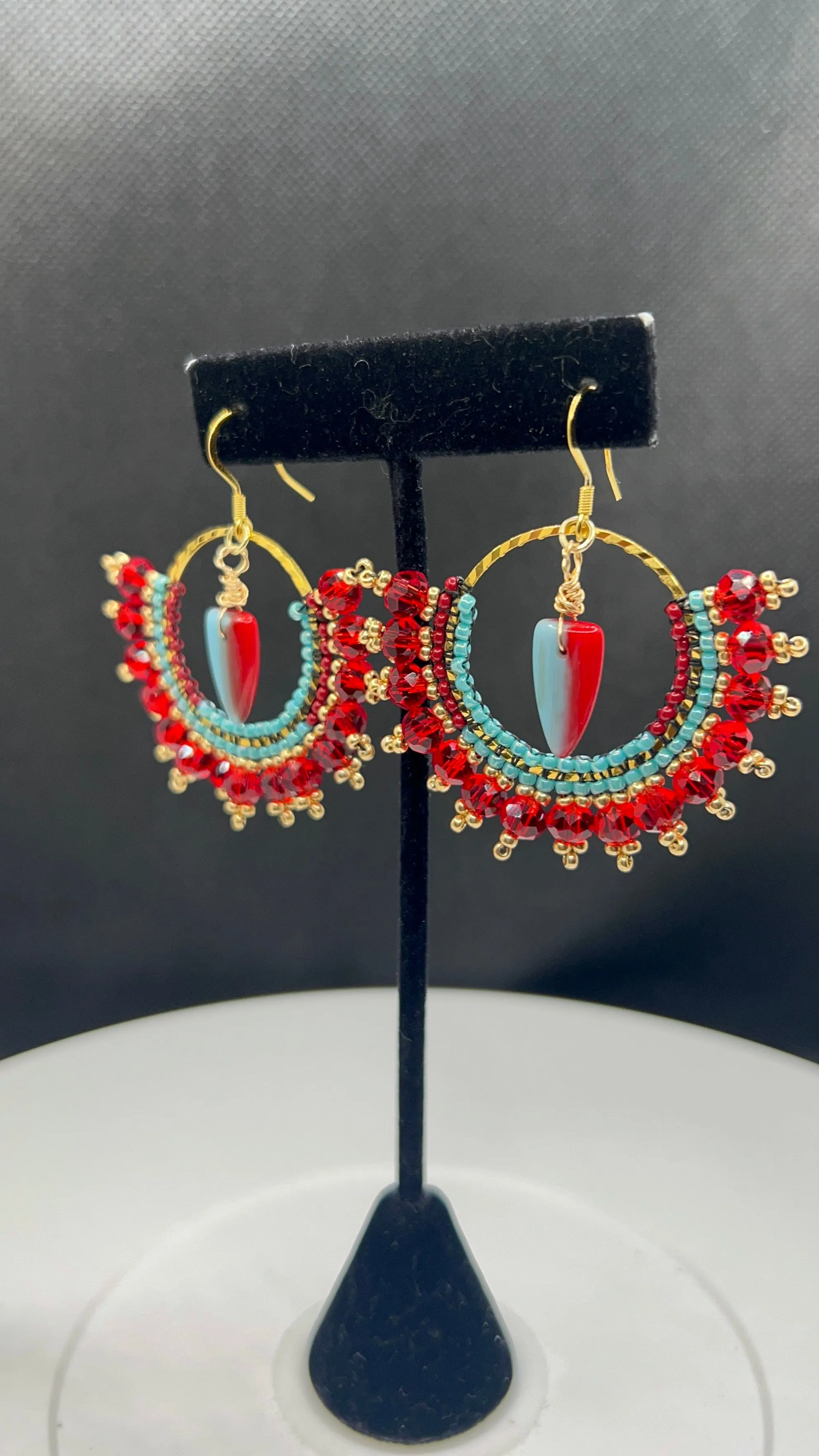 Red Crystal with Turquoise Seed Bead & Gold Earrings