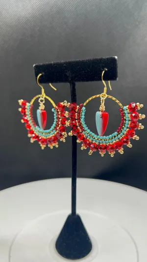 Red Crystal with Turquoise Seed Bead & Gold Earrings