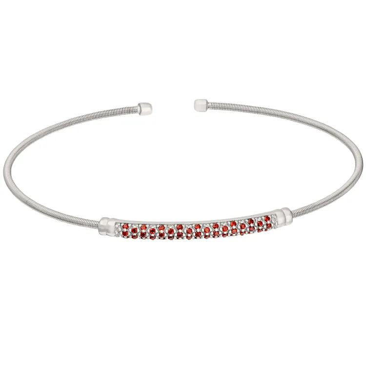 Rhodium Finish Sterling Silver Cable Cuff Bracelet with Three Rows of Simulated Garnet Birth Gems - January