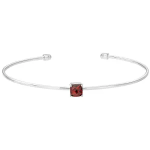 Rhodium Finish Sterling Silver Pliable Cuff Bracelet with Faceted Cushion Cut Simulated Garnet Birth Gem - January