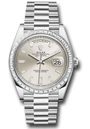 Rolex 950 Platinum Day-Date 40 Watch - Baguette Diamond Bezel - Silver Baguette Diamond Dial - President Bracelet - 228396TBR sbdp