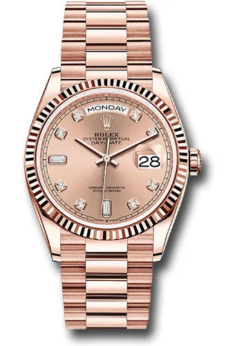 Rolex Everose Gold Day-Date 36 Watch - Fluted Bezel - RosŽ Diamond Dial - President Bracelet - 128235 rodp