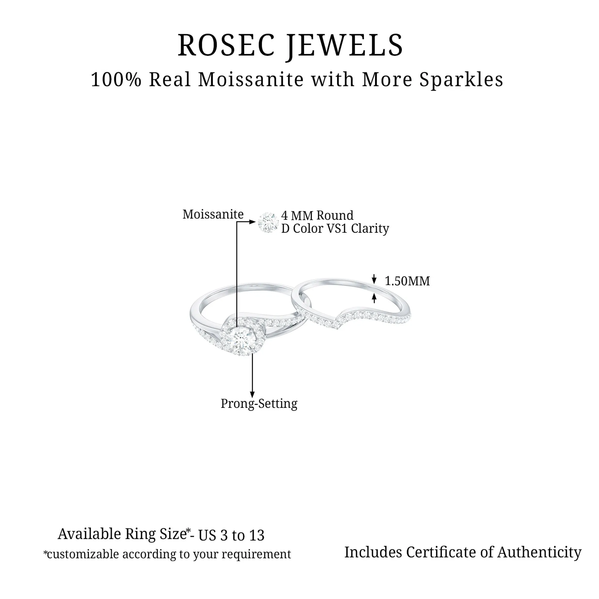 Round Certified Moissanite Bypass Wedding Ring Set in Gold