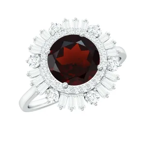 Round Garnet Cocktail Engagement Ring with Diamond Double Halo