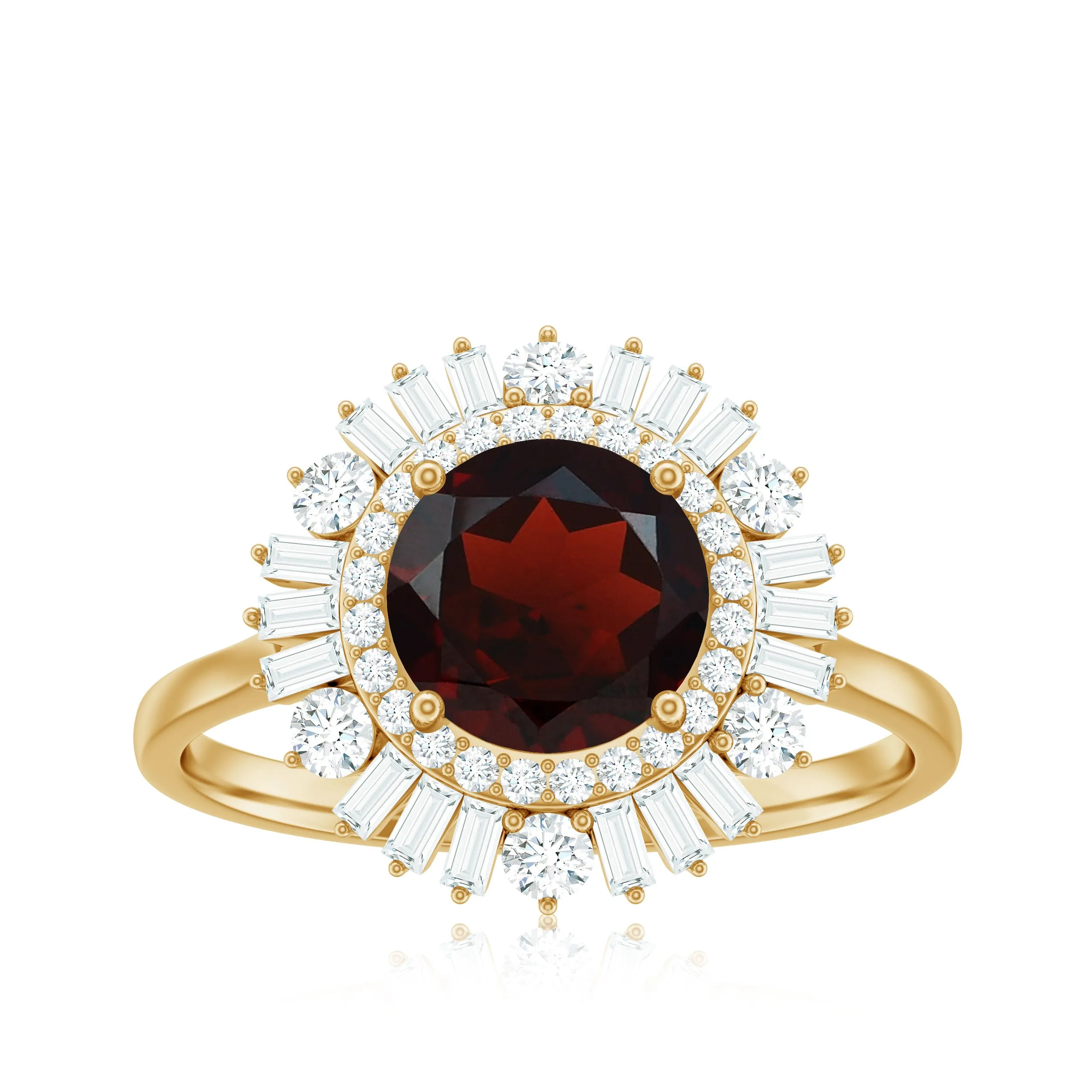 Round Garnet Cocktail Engagement Ring with Diamond Double Halo