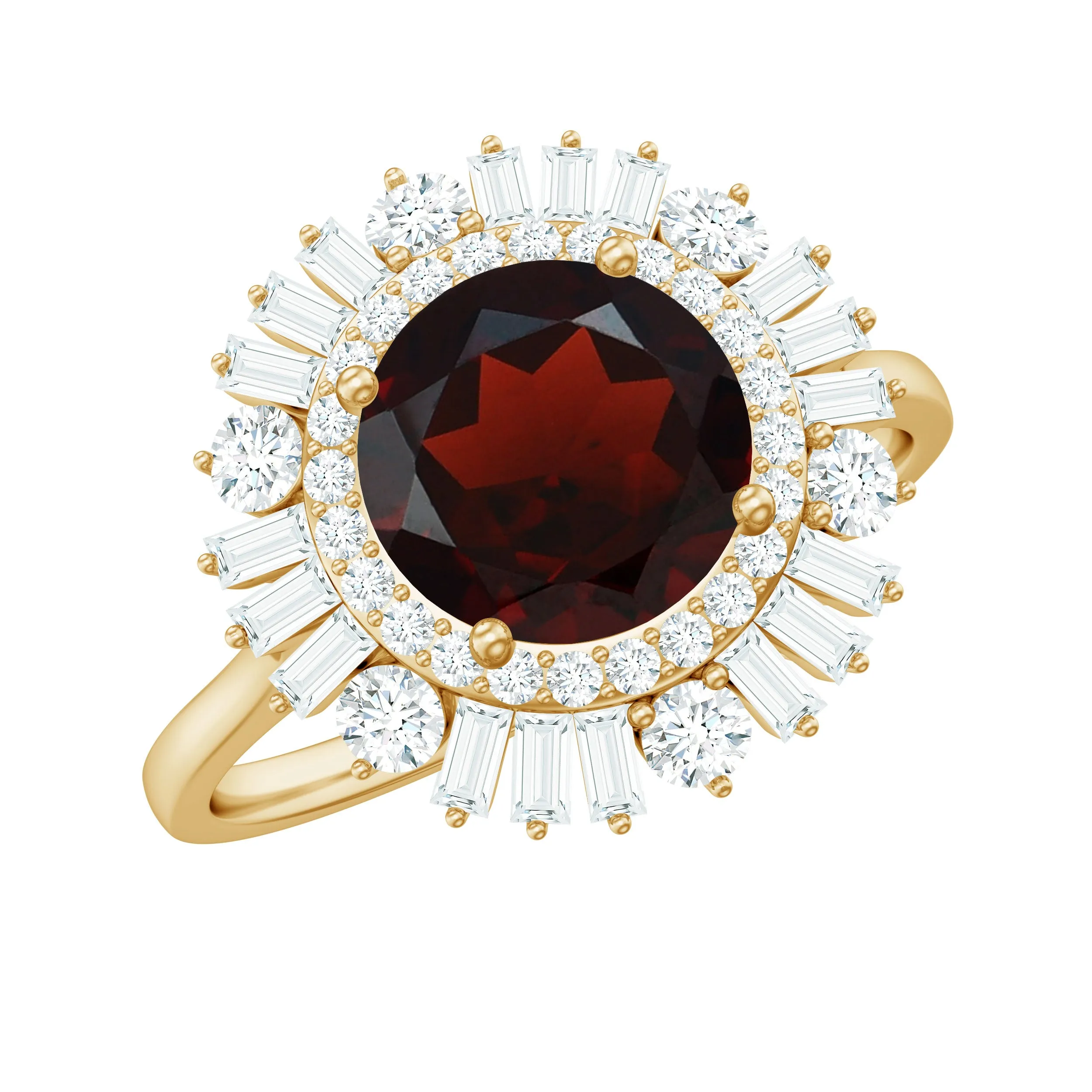 Round Garnet Cocktail Engagement Ring with Diamond Double Halo