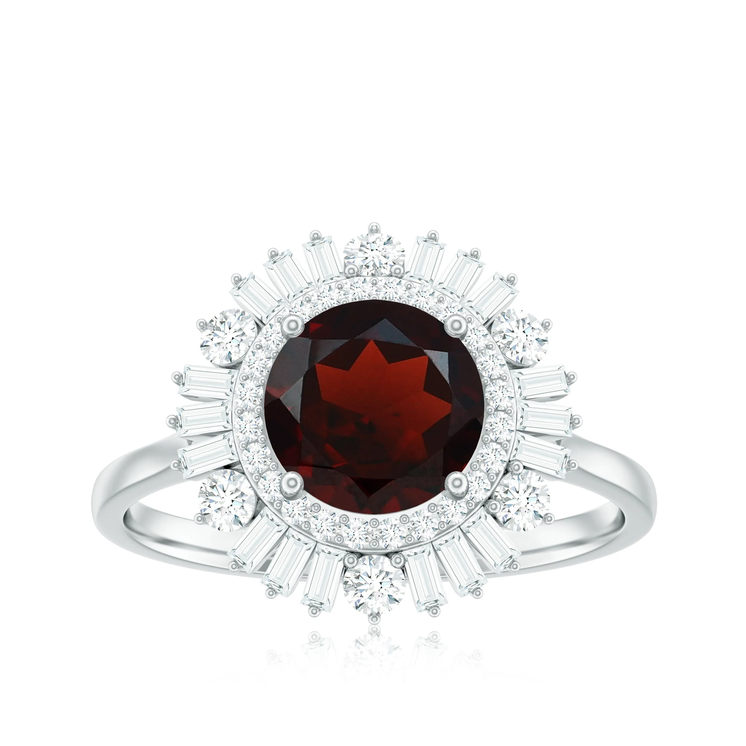 Round Garnet Cocktail Engagement Ring with Diamond Double Halo