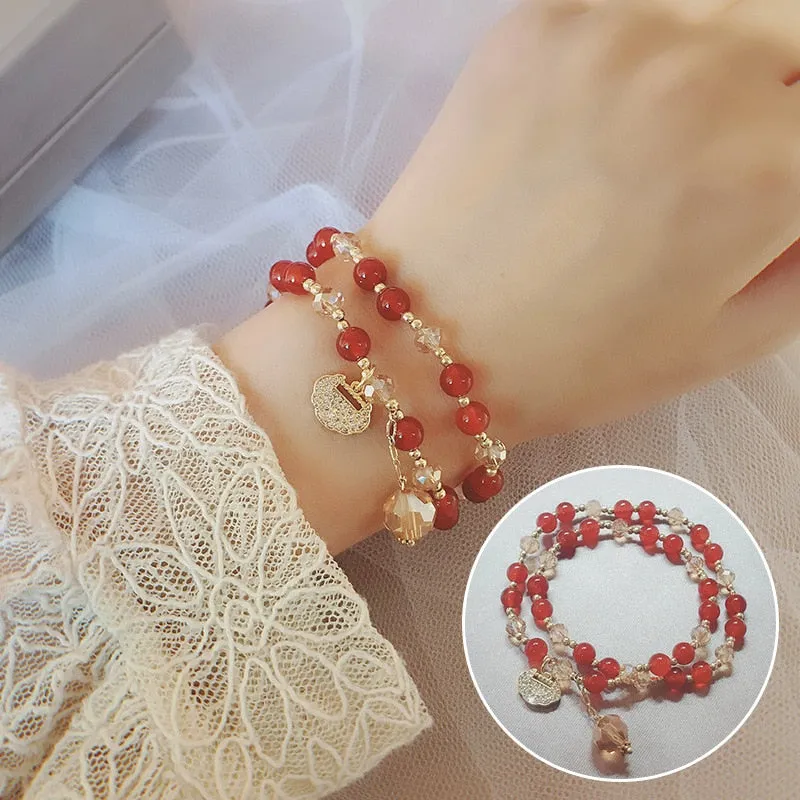 Ruifan Double Circle Natural Red Agate/Strawberry Quartz/Garnet/Rutilated Quartz Crystal Beaded Women's Bracelets Female YBR217