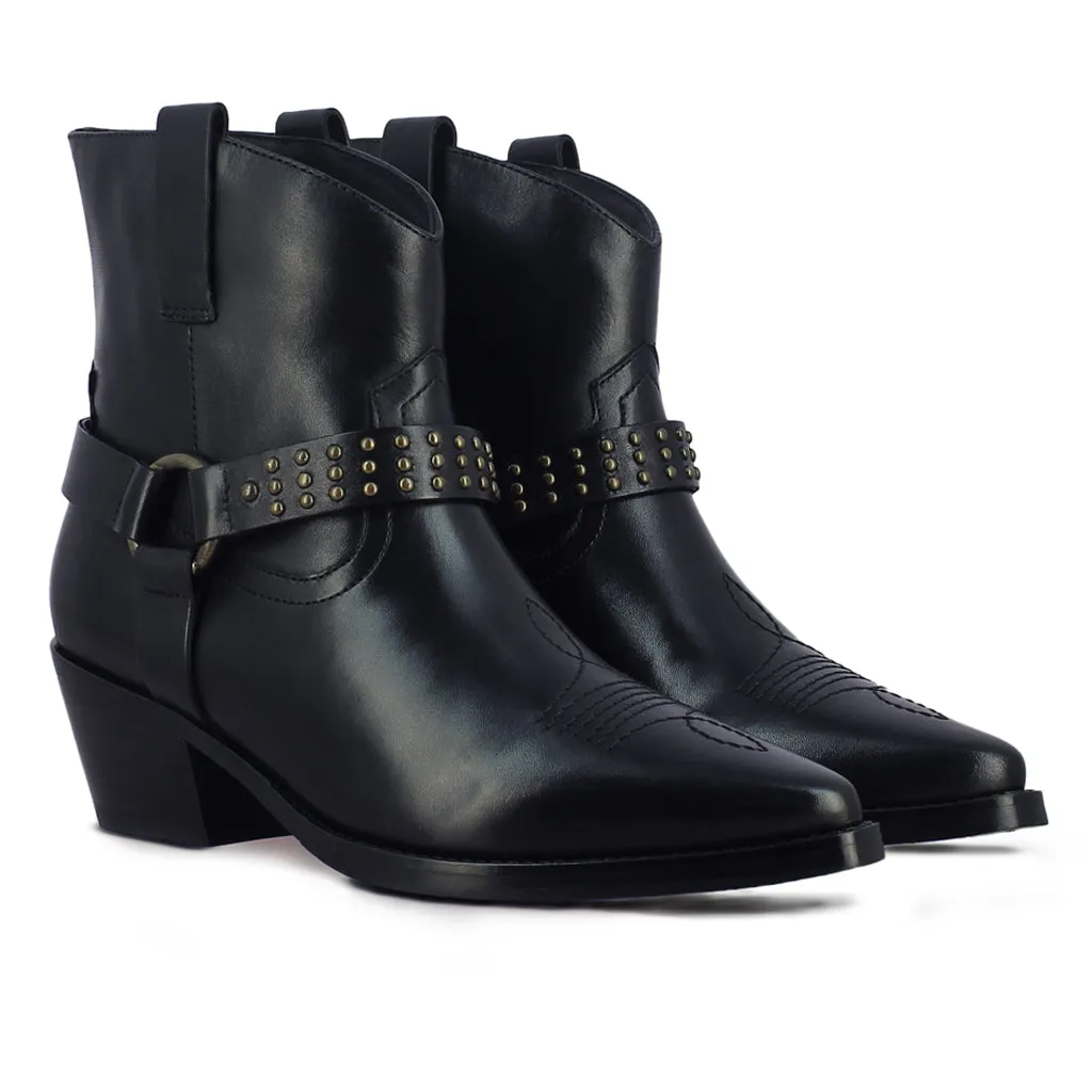 Saint Enrica Metal Studded Black Leather Ankle Boots