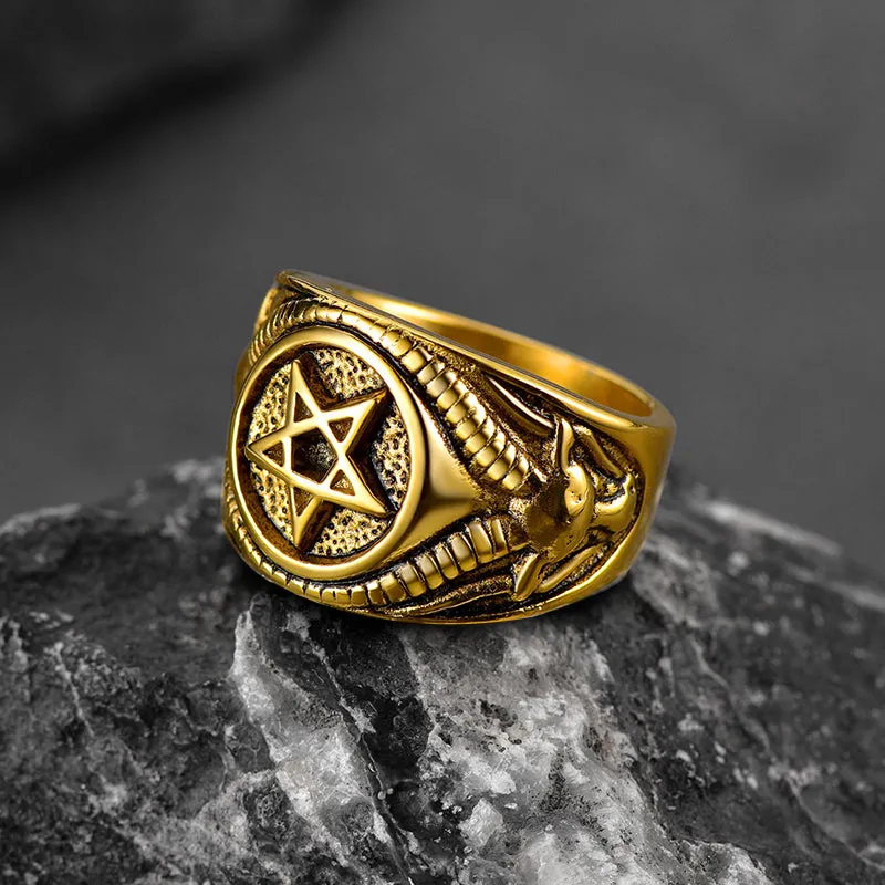 Satanic Goat Pentagram Ring Baphomet Ring for Men