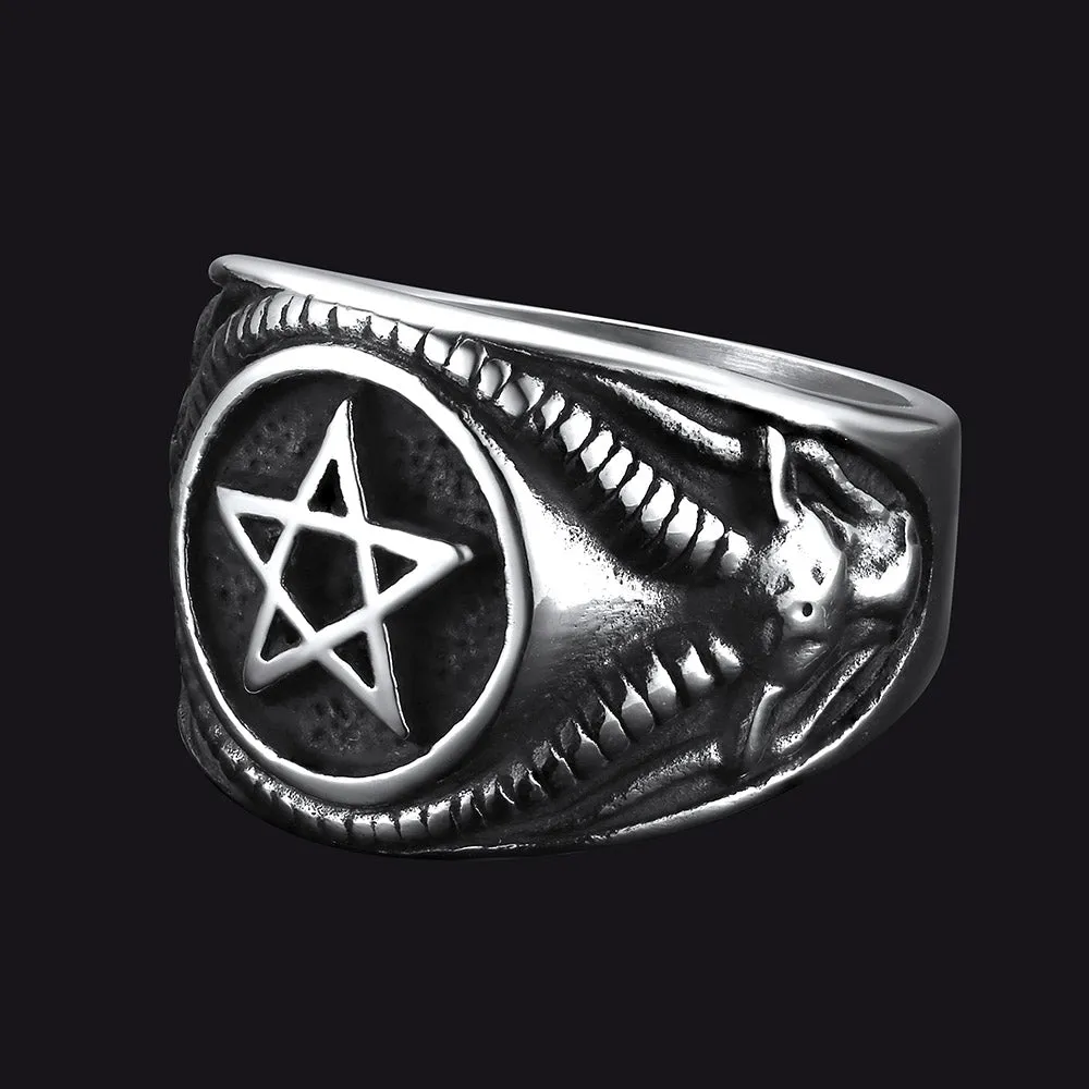 Satanic Goat Pentagram Ring Baphomet Ring for Men