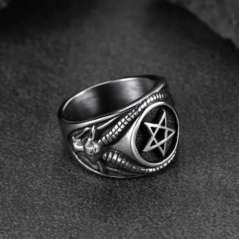 Satanic Goat Pentagram Ring Baphomet Ring for Men