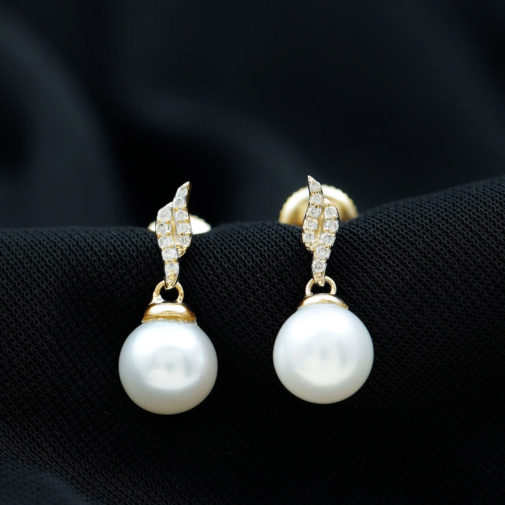 Simple Drop Earrings with Freshwater Pearl and Diamond Stones