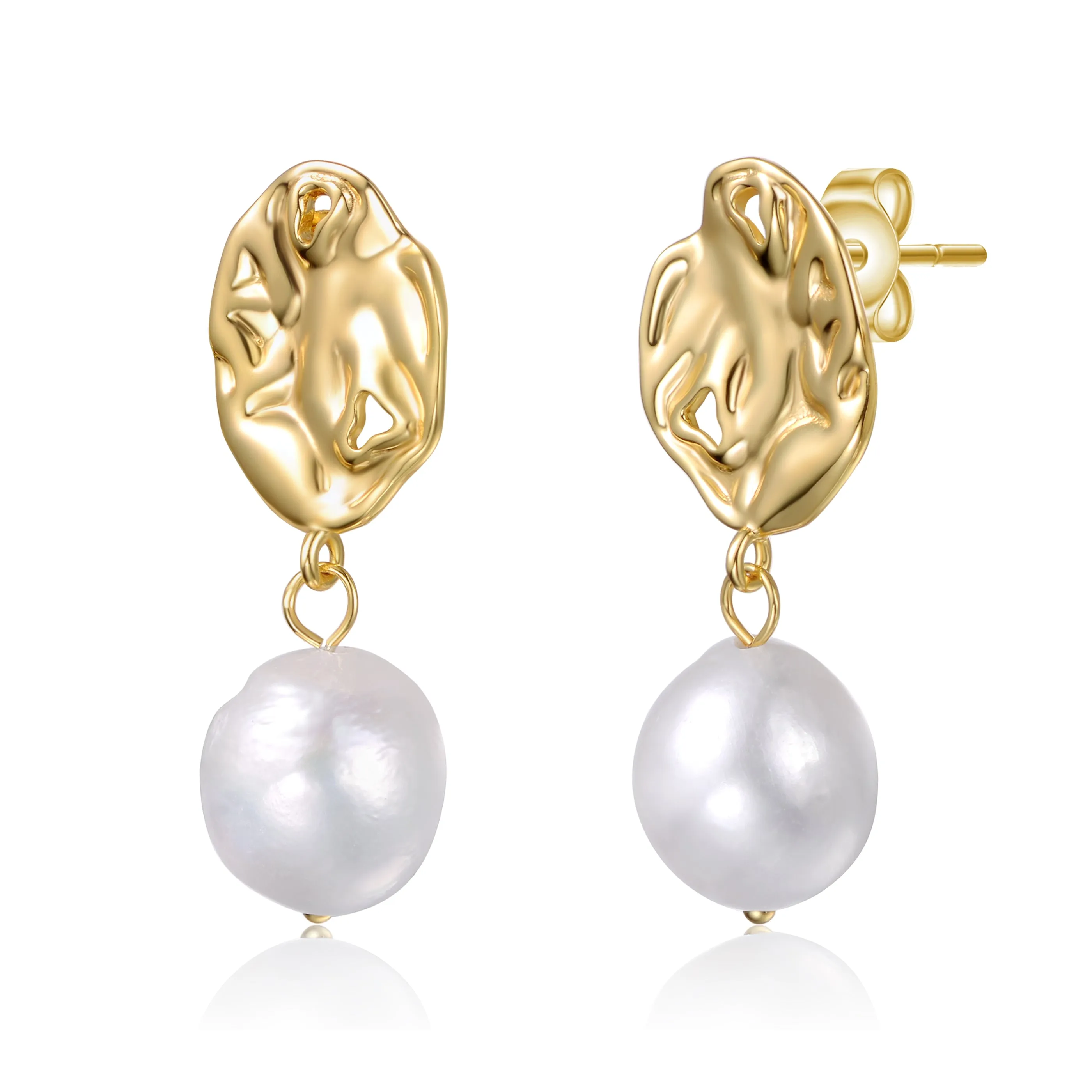 Sterling Silver 14k Gold Plated White Freshwater Pearl Crinkled Drop Earrings