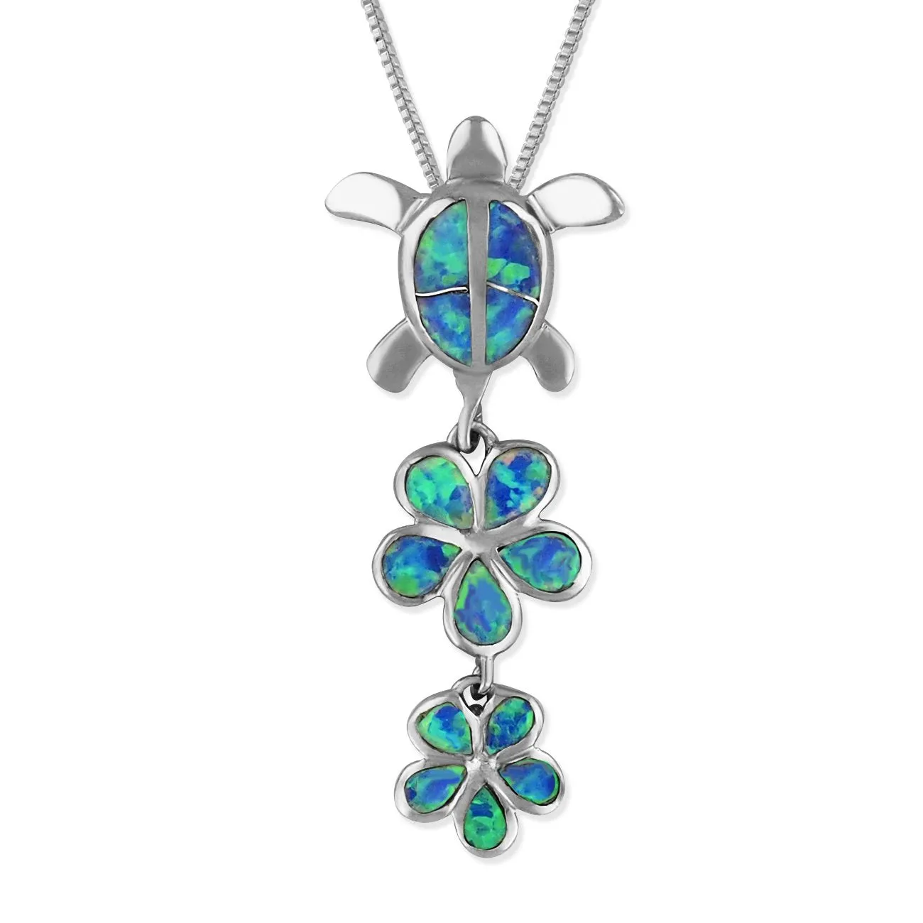 Sterling Silver Synthetic Blue Opal Turtle and Plumeria Pendant Necklace, 16 2" Extender