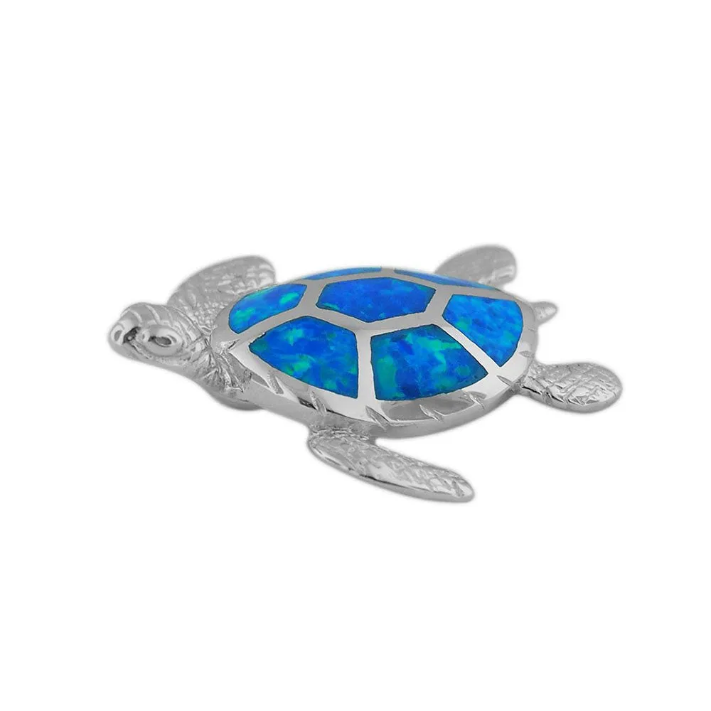 Sterling Silver Synthetic Blue Opal Turtle Pendant Necklace, 16 2" Extender