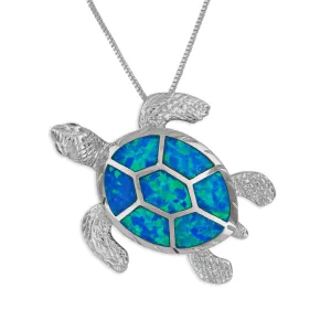 Sterling Silver Synthetic Blue Opal Turtle Pendant Necklace, 16 2" Extender