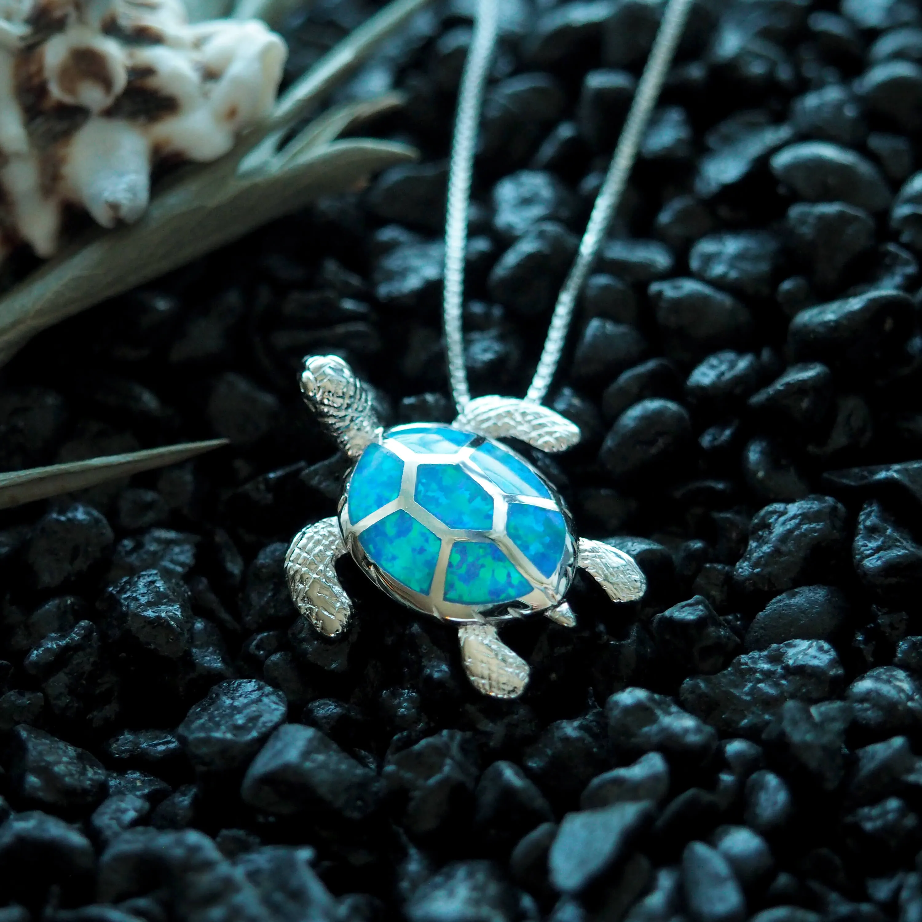 Sterling Silver Synthetic Blue Opal Turtle Pendant Necklace, 16 2" Extender