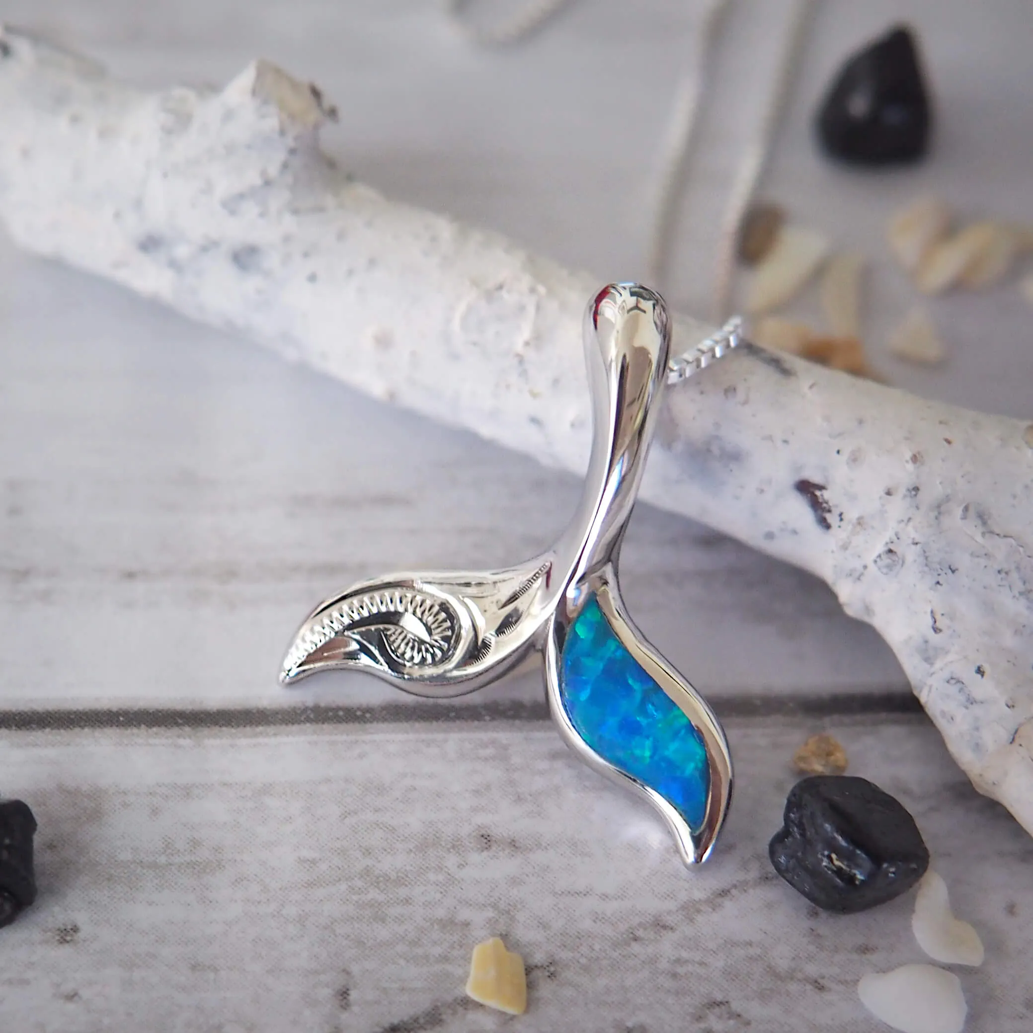 Sterling Silver Synthetic Blue Opal Whale Tail Pendant Necklace, 16 2" Extender