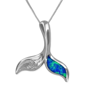 Sterling Silver Synthetic Blue Opal Whale Tail Pendant Necklace, 16 2" Extender