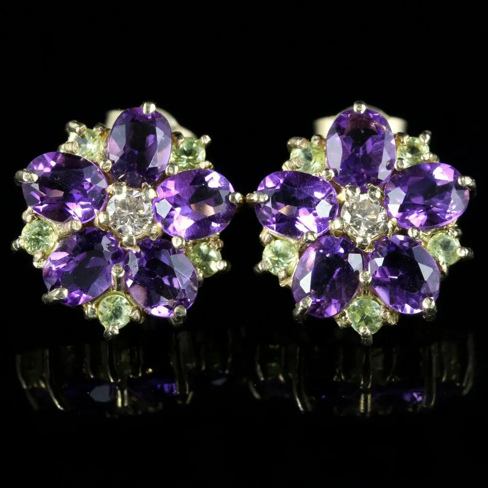 Suffragette Cluster Earrings Amethyst Peridot Diamond