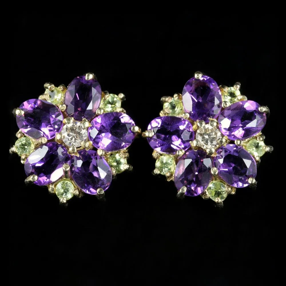 Suffragette Cluster Earrings Amethyst Peridot Diamond