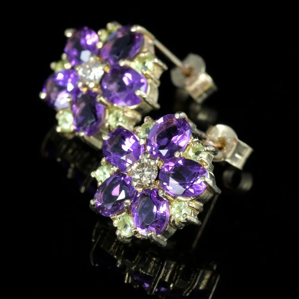 Suffragette Cluster Earrings Amethyst Peridot Diamond