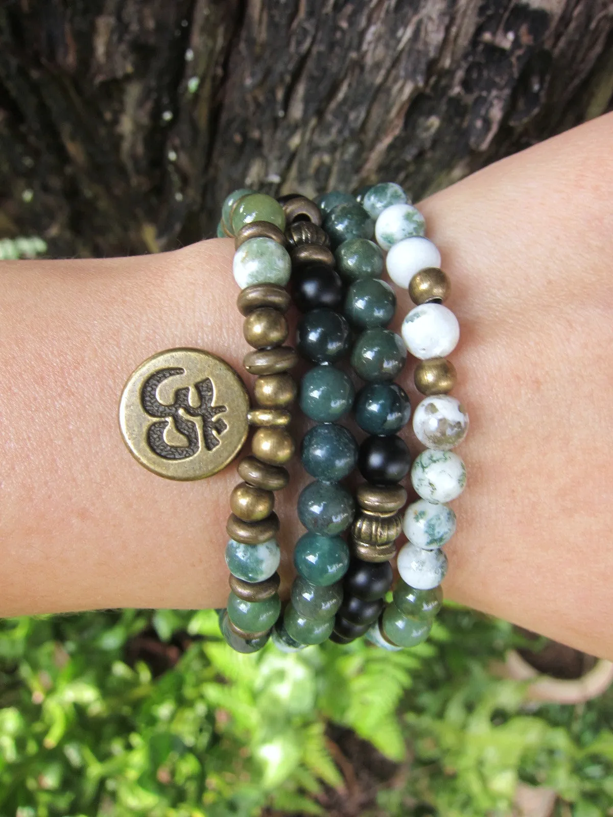 The Deep Forest Green Mala - 108 Bead in Moss Agate, Tree Agate Mala Bracelet or Necklace