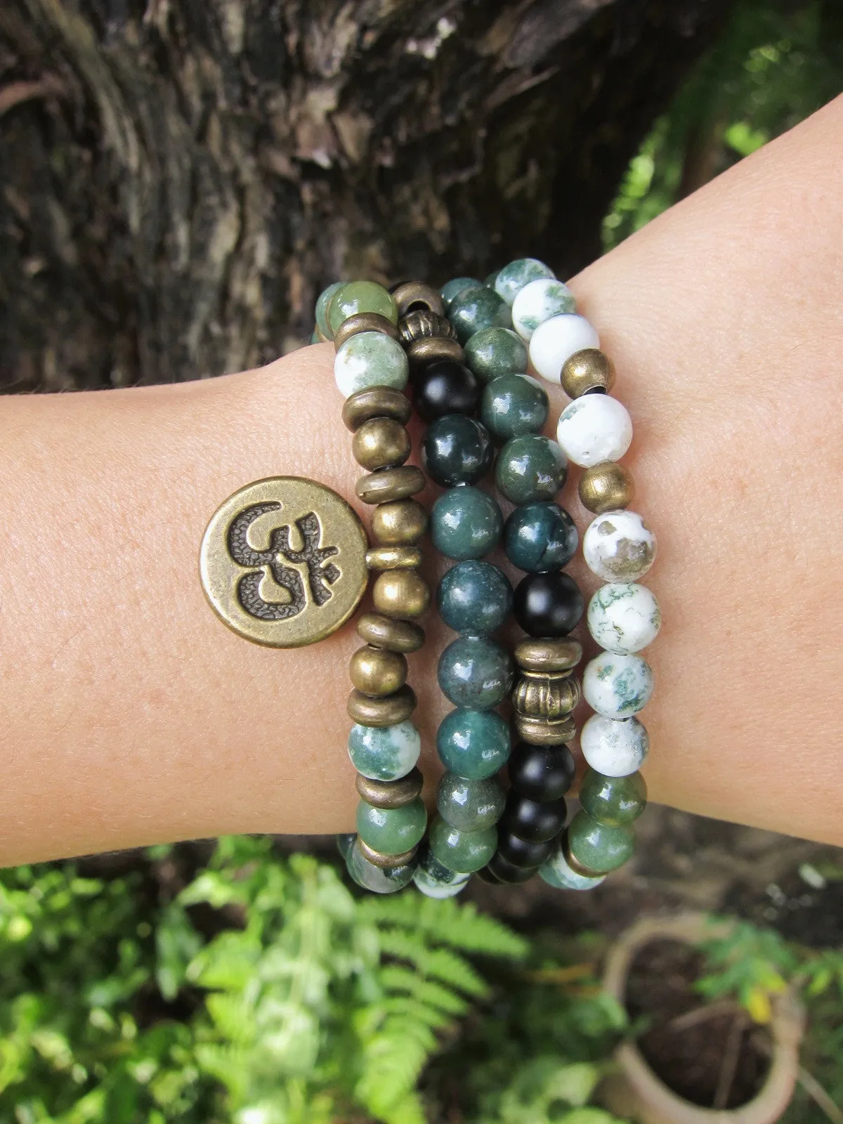 The Deep Forest Green Mala - 108 Bead in Moss Agate, Tree Agate Mala Bracelet or Necklace