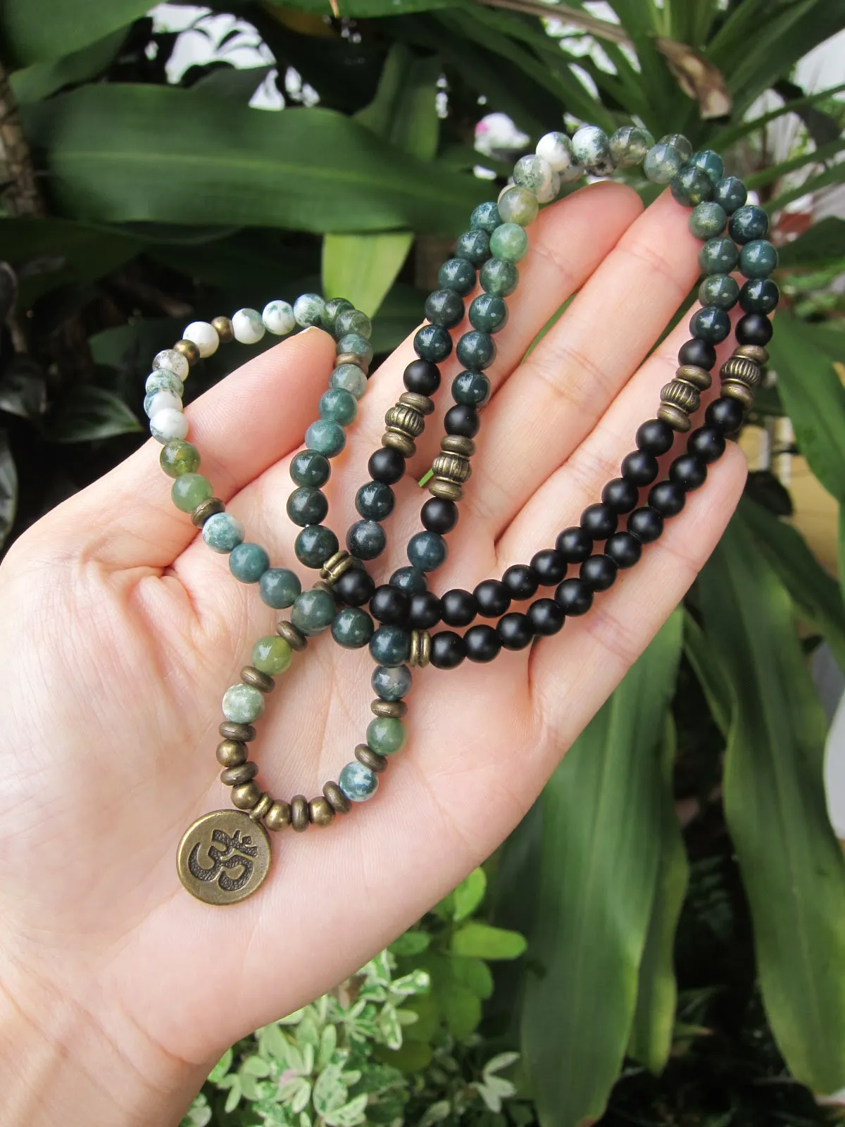 The Deep Forest Green Mala - 108 Bead in Moss Agate, Tree Agate Mala Bracelet or Necklace