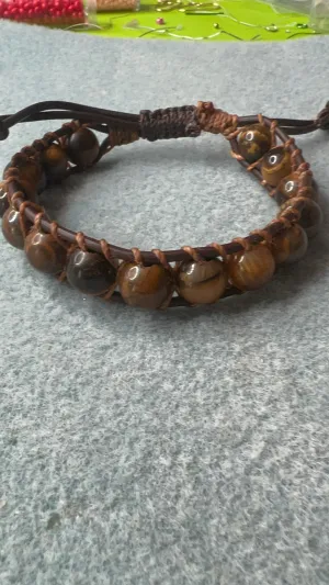 Tiger Eye, Leather Wrapped Beaded Adjustable Unisex Bracelet