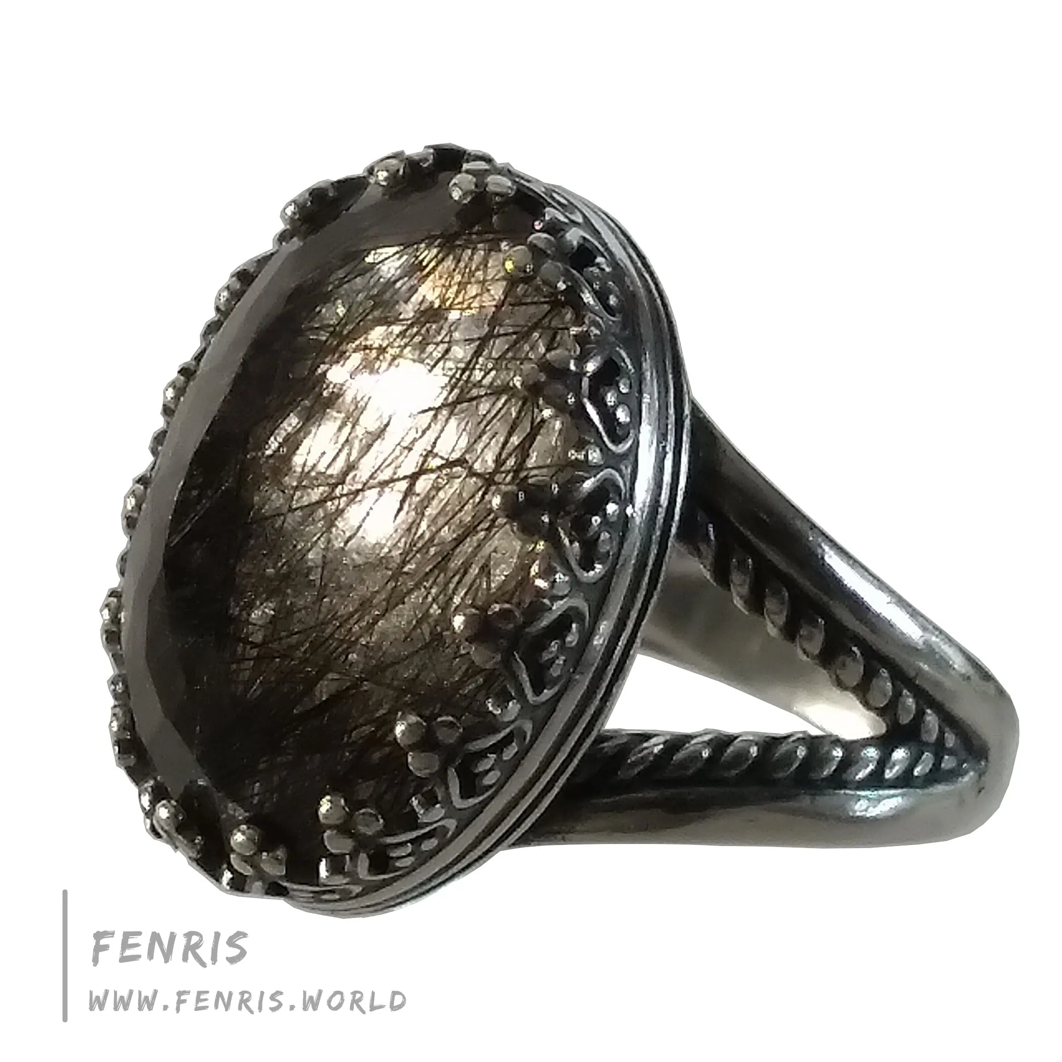 Tourmalinated Quartz 925 Sterling Silver Cocktail Ring - Fenris