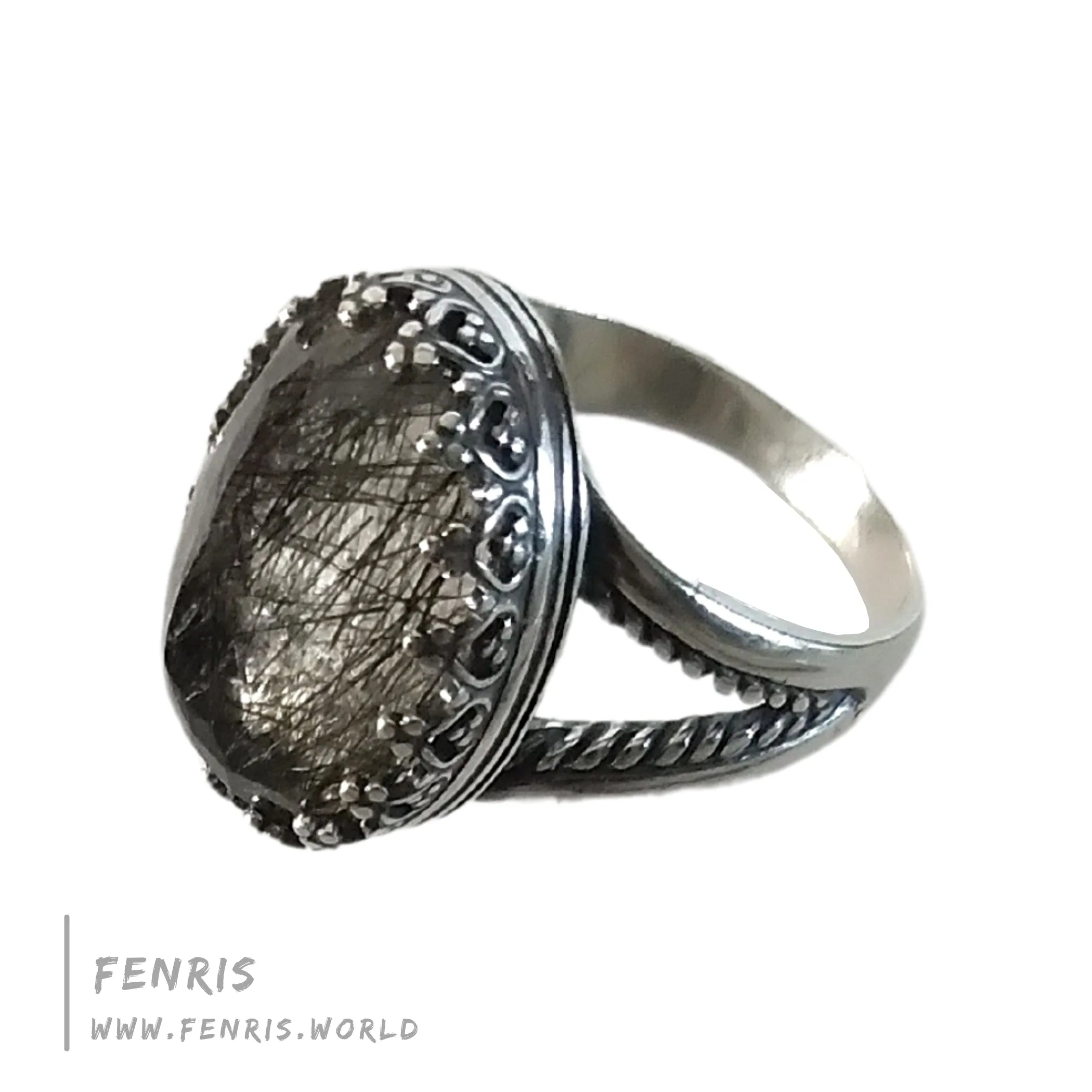 Tourmalinated Quartz 925 Sterling Silver Cocktail Ring - Fenris