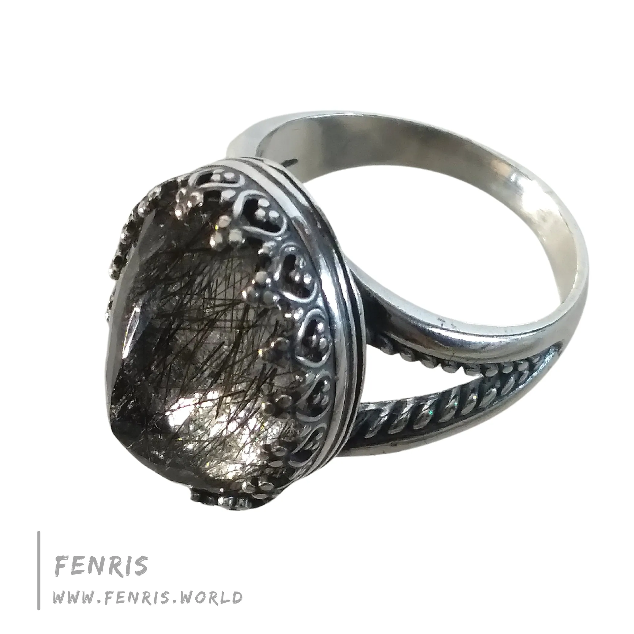 Tourmalinated Quartz 925 Sterling Silver Cocktail Ring - Fenris