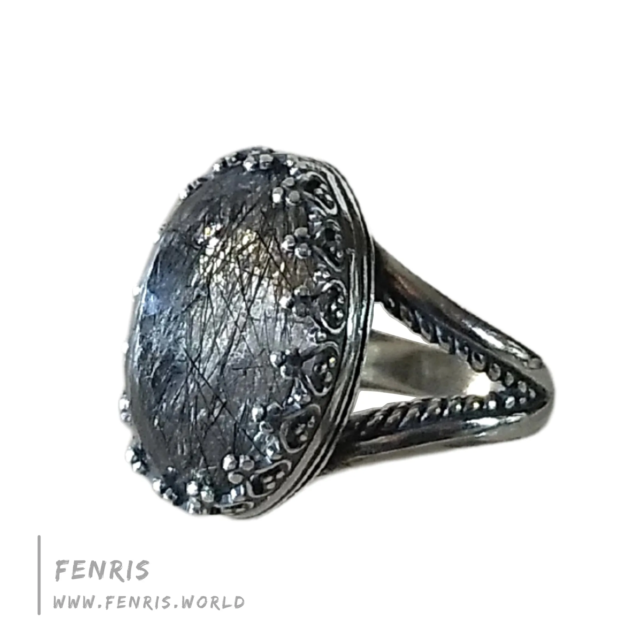 Tourmalinated Quartz 925 Sterling Silver Cocktail Ring - Fenris