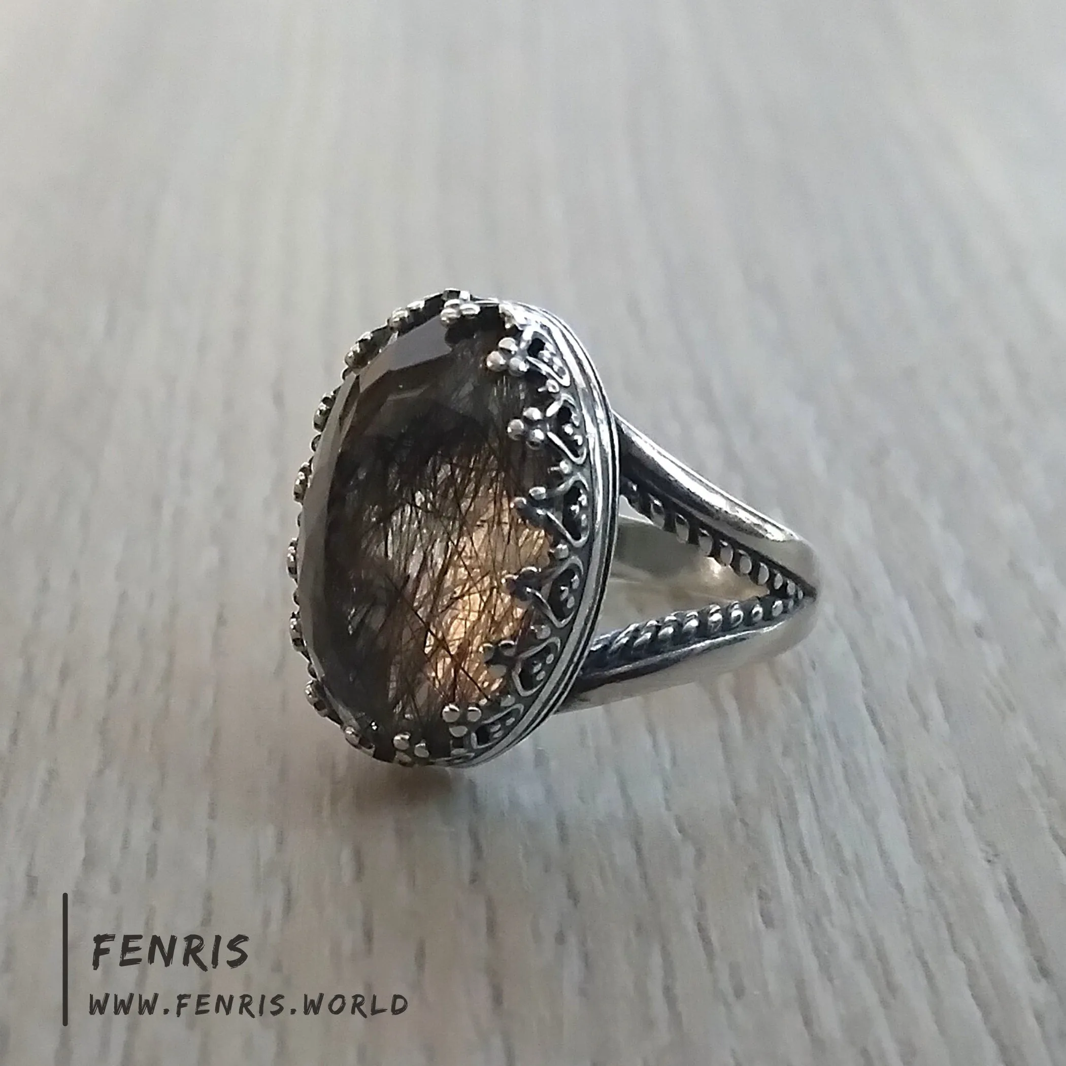 Tourmalinated Quartz 925 Sterling Silver Cocktail Ring - Fenris