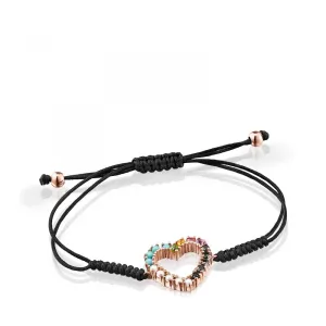 Tous Rose Gold Vermeil San Valentín heart Bracelet with Gemstones and black Cord 915301510