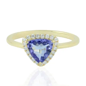 Trillion Cut Tanzanite Diamond Halo Birthday Gift 14k Yellow Gold Ring For Her