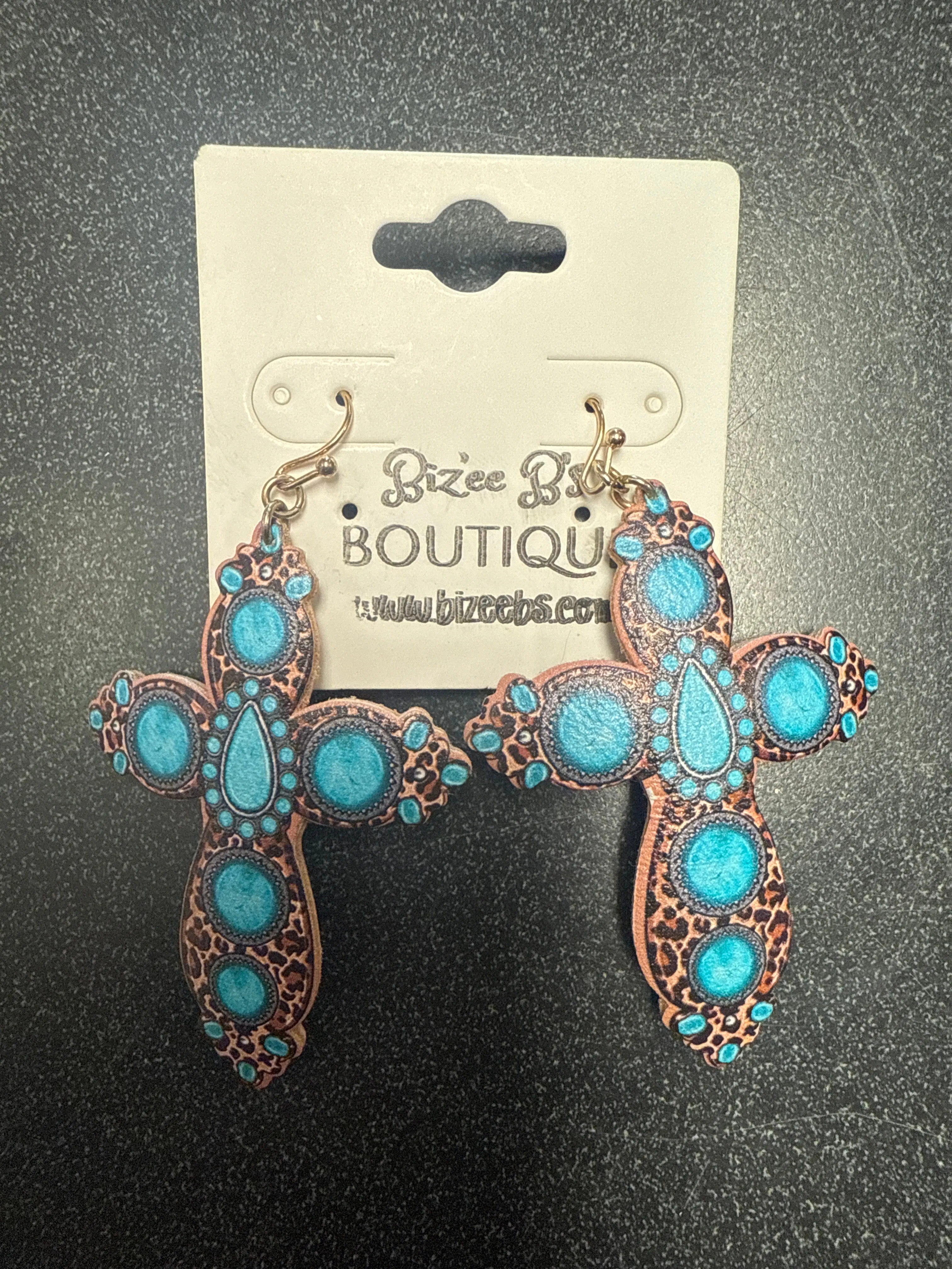 Turquoise and Cheetah Cross Earrings