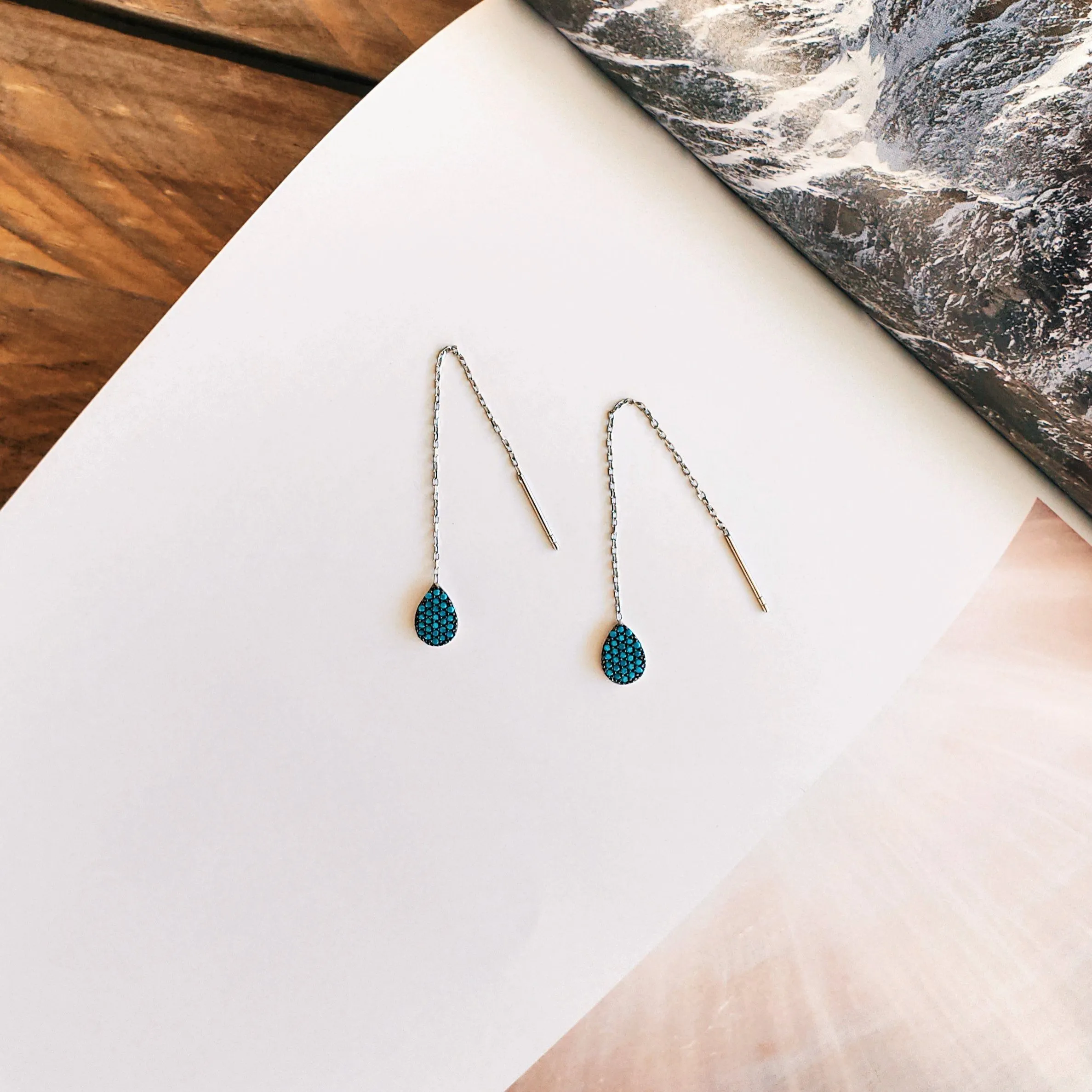 Turquoise Teardrop Thread Earrings - Sterling Silver