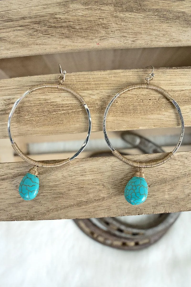 Turquoise Teardrop Two-Tone Circle Earrings