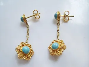 Vintage Chinese Gold Gilt Silver and Turquoise Post Earrings