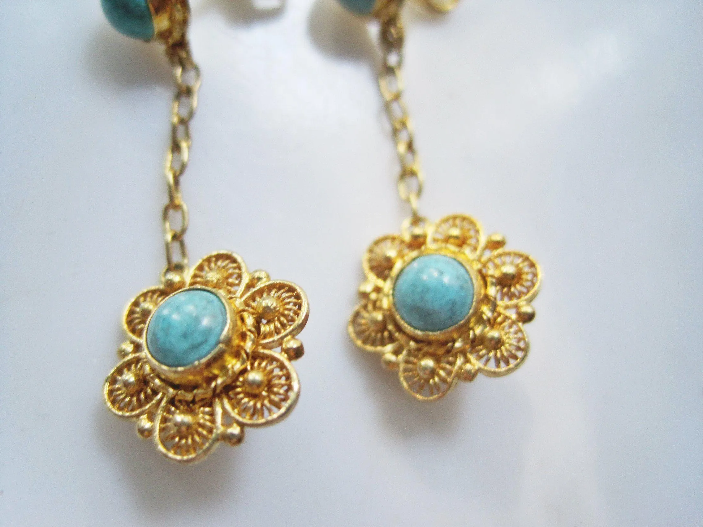 Vintage Chinese Gold Gilt Silver and Turquoise Post Earrings