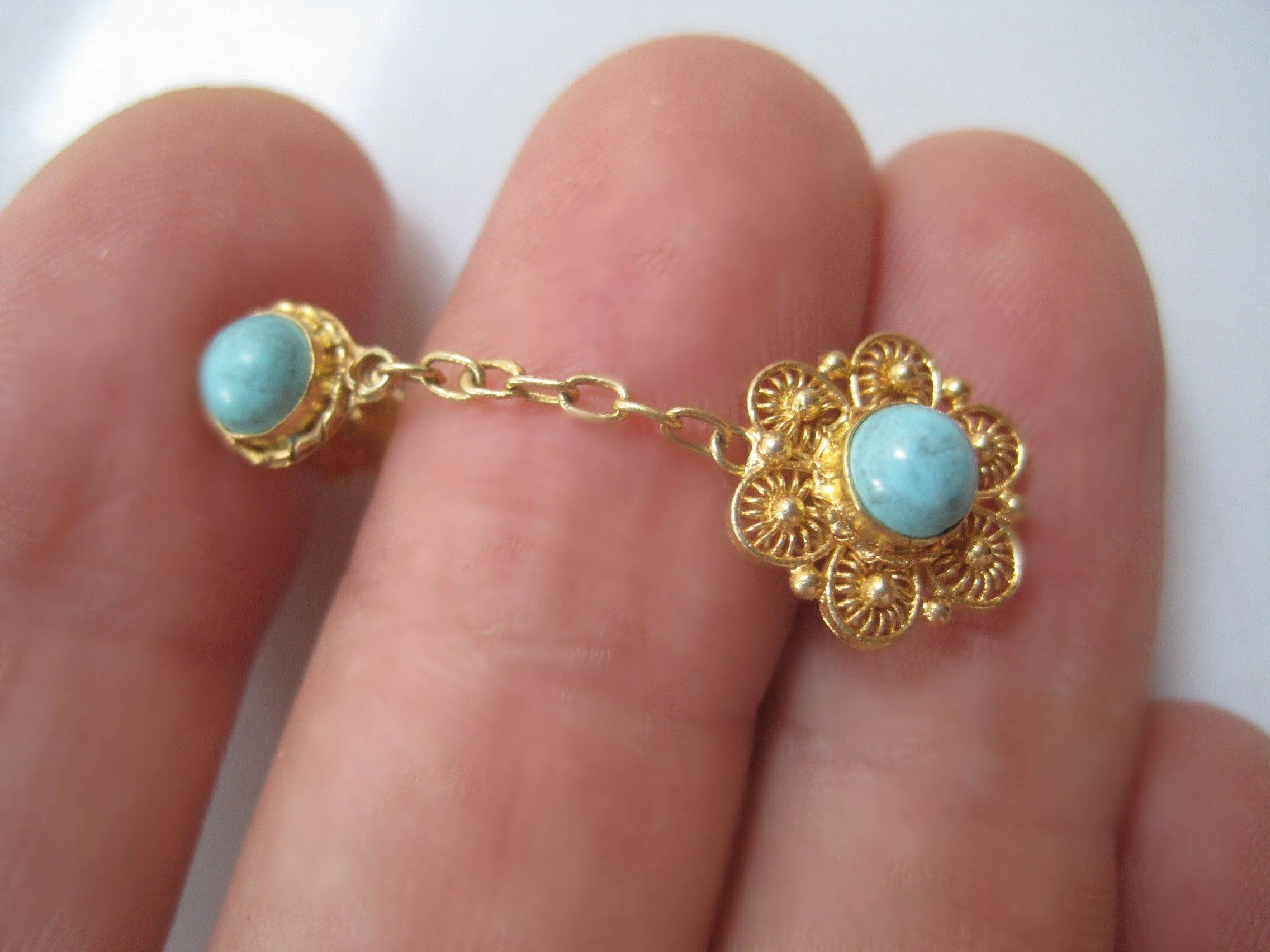 Vintage Chinese Gold Gilt Silver and Turquoise Post Earrings