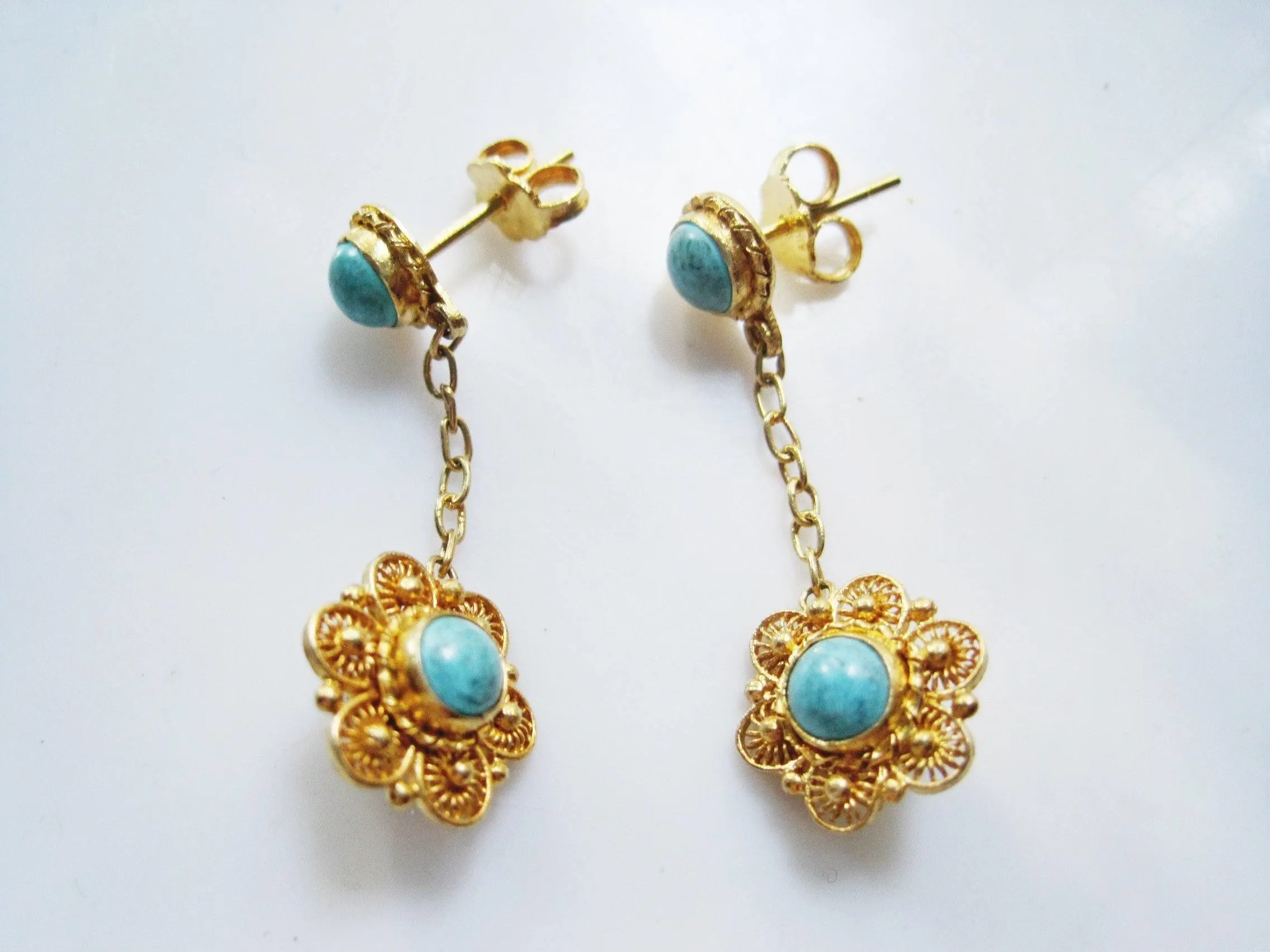 Vintage Chinese Gold Gilt Silver and Turquoise Post Earrings